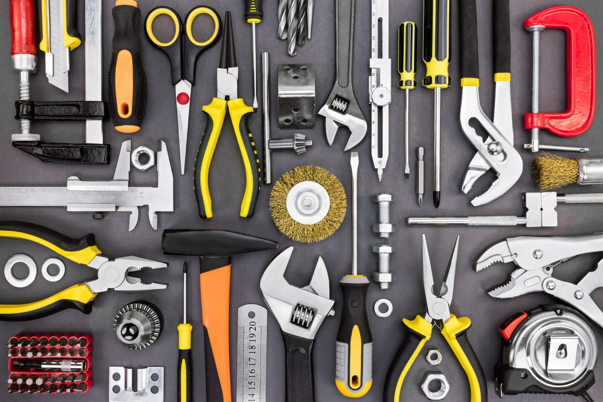 Assorted hand tools and hardware accessories